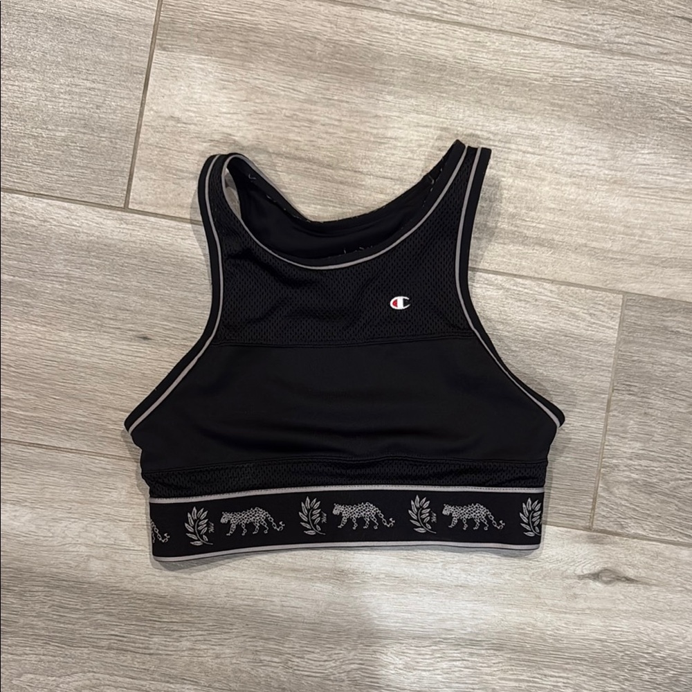 Champion Black and Gray Sports Bra with Tiger Motif